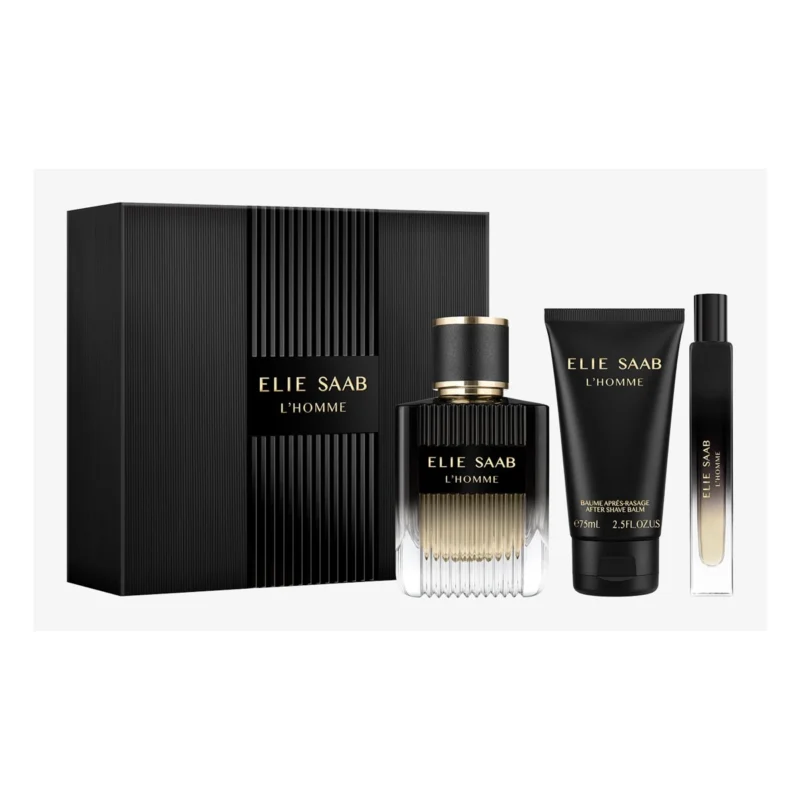 Coffret Elie Saab L’Homme : présentation du coffret ; Eau de Parfum 100 ml + Eau de Parfum format voyage 10 ml + Baume après-rasage 75 ml