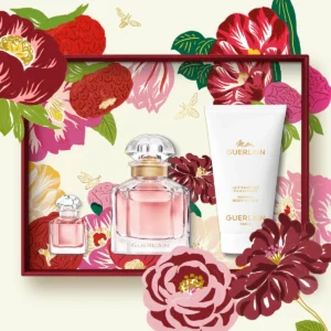 Coffret Guerlain Mon Guerlain : présentation du coffret ; Eau de Parfum 50 ml + Eau de Parfum miniature 5 ml + Lait pour le corps 75 ml