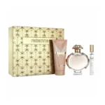 Coffret Rabanne Olympéa : présentation du coffret ; Eau de Parfum 80 ml + Lait pour le corps 100 ml + Eau de Parfum format voyage 10 ml