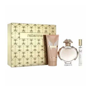 Coffret Rabanne Olympéa : présentation du coffret ; Eau de Parfum 80 ml + Lait pour le corps 100 ml + Eau de Parfum format voyage 10 ml