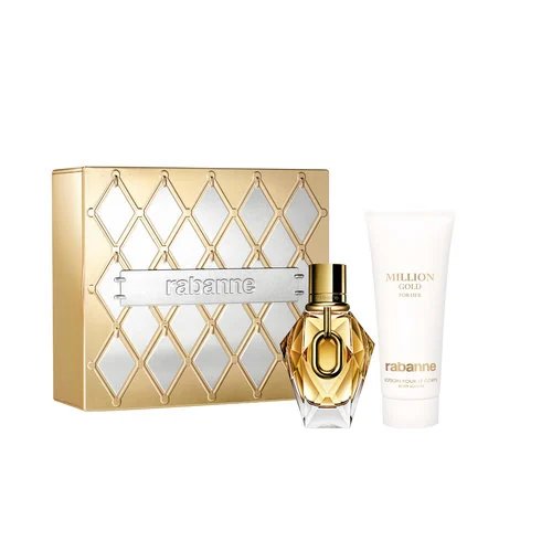 Coffret Rabanne Million Gold For Her : présentation du coffret ; Eau de Parfum 50 ml + Lait pour le corps 100 ml