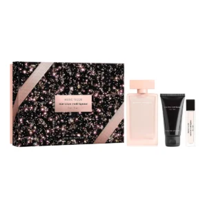 Coffret Narciso Rodriguez For Her Musc Nude : présentation du coffret ; Eau de Parfum 100 ml + Lait pour le corps 50 ml + Eau de Parfum format voyage 10 ml