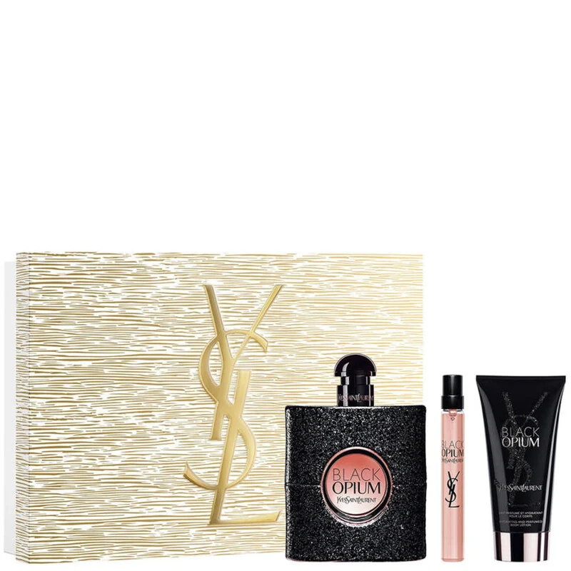 Coffret Yves Saint Laurent Black Opium : présentation du coffret ; Eau de Parfum 90 ml + Eau de Parfum format voyage 10 ml + Lait pour le corps 50 ml