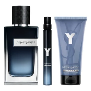 Coffret Yves Saint Laurent Y : autre vue du coffret ; Eau de Parfum 100 ml + Eau de Parfum format voyage 10 ml + Gel douche parfumé 50 ml