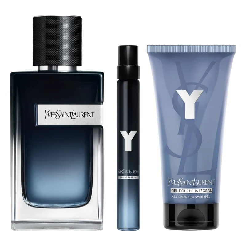 Coffret Yves Saint Laurent Y : autre vue du coffret ; Eau de Parfum 100 ml + Eau de Parfum format voyage 10 ml + Gel douche parfumé 50 ml