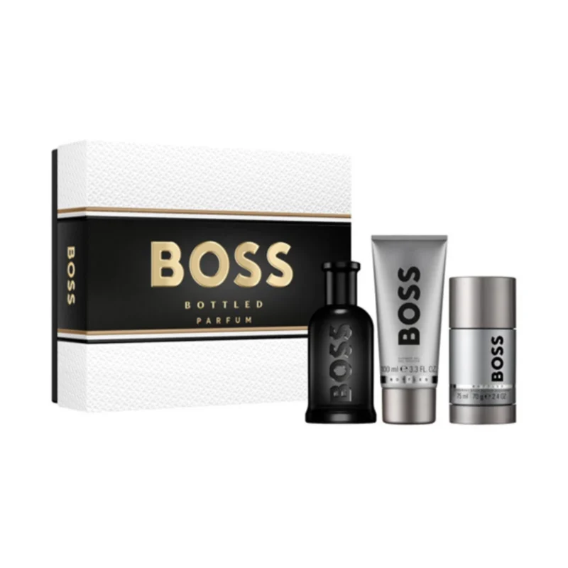 Coffret Hugo Boss Bottled : présentation du coffret ; Parfum 100 ml + Gel douche parfumé 100 ml + Déodorant stick 75 ml