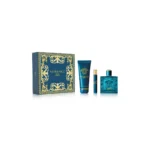 Coffret Versace Eros : présentation du coffret ; Parfum 100 ml + Parfum format voyage 10 ml + Gel douche parfumé 150 ml
