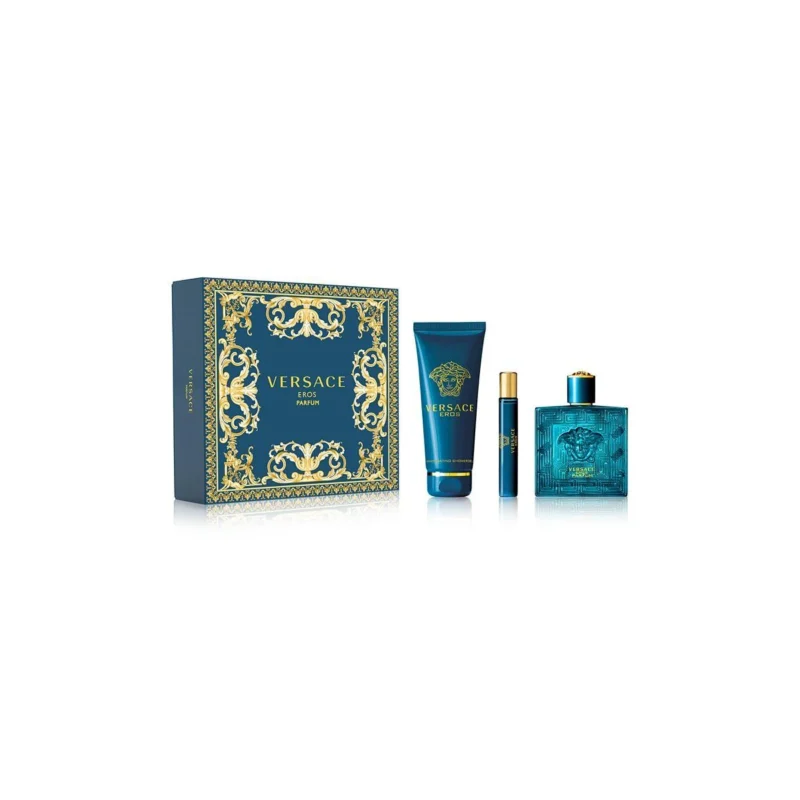 Coffret Versace Eros : présentation du coffret ; Parfum 100 ml + Parfum format voyage 10 ml + Gel douche parfumé 150 ml