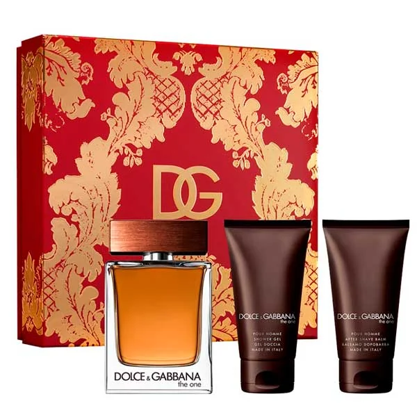 Coffret Dolce&Gabbana The One Pour Homme : présentation du coffret ; Eau de Toilette 100 ml + Gel douche 50 ml + Baume après-rasage 50 ml