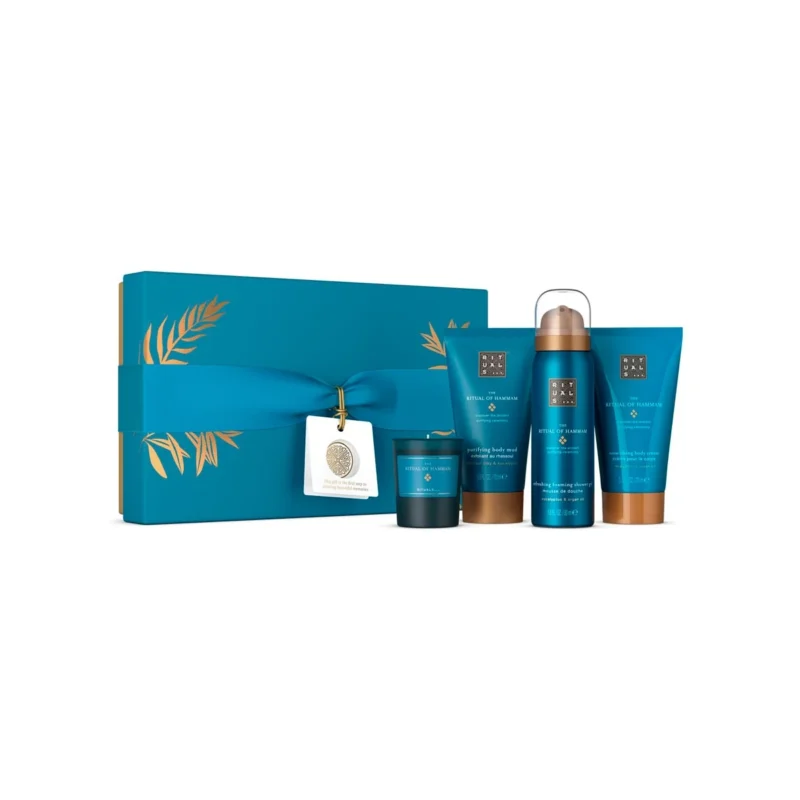 Coffret Rituals The Ritual of Hammam Small : présentation du coffret ; Mousse de douche 50 ml + Boue exfoliante pour le corps Body Mud 70 ml + Crème pour le corps 70 ml + Bougie parfumée 25 g