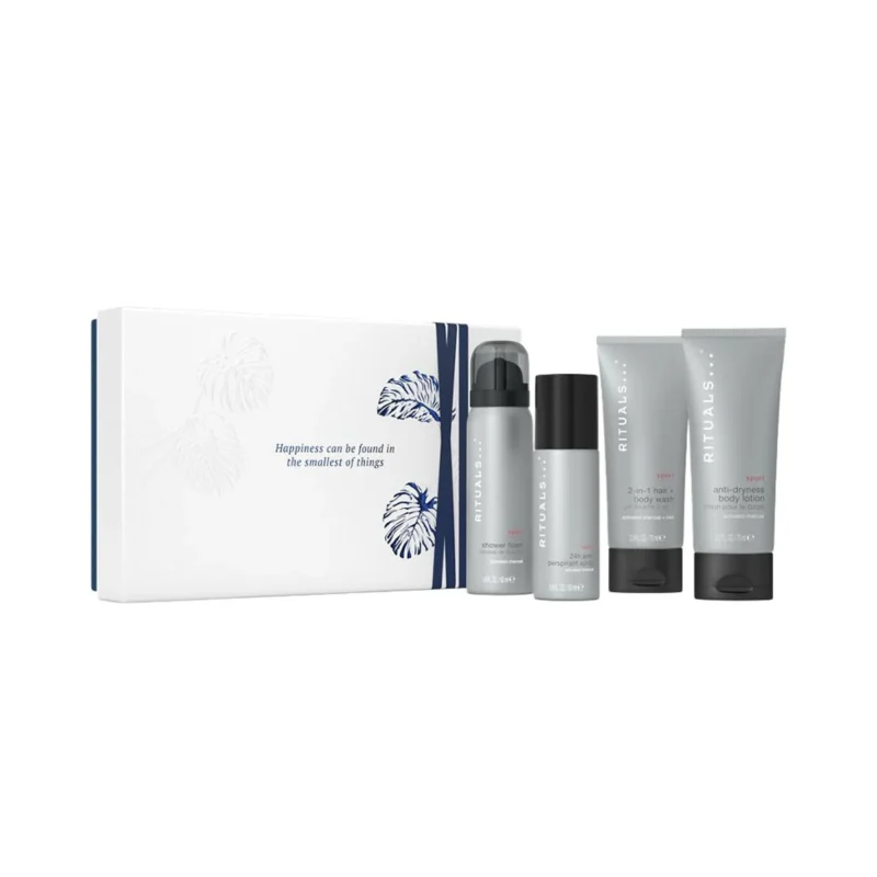 Coffret Rituals Homme Small – 4 produits Coffret Rituals Homme Small : présentation du coffret ; Mousse de douche Sport 50 ml + Spray anti-transpirant Sport 50 ml + Shampooing et gel douche 2-en-1 Sport 70 ml + Lotion pour le corps Sport 70 ml