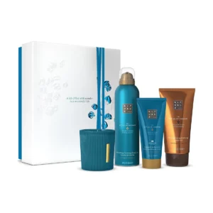 Coffret Rituals The Ritual of Hammam Medium : présentation du coffret ; Mousse de douche 200 ml + Savon noir 150 ml + Crème pour le corps 100 ml + Bougie parfumée 140 g