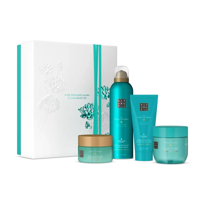 Coffret Rituals The Ritual of Karma Medium : présentation du coffret ; Mousse de douche 200 ml + Crème pour le corps 100 ml + Gommage corporel au sel 125 g + Masque de nuit pour le corps 125 ml