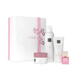 Coffret Rituals The Ritual of Sakura Medium : présentation du coffret ; Mousse de douche 200 ml + Gommage pour le corps 125 g + Crème pour le corps 100 ml + Eau de Parfum 15 ml